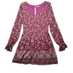 Hollister Floral/Pink Long Sleeve Smocked Bodice Dress Size L Sheer Sleeves